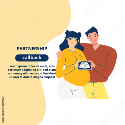 Flat illustration about pregnancy and partner birth. Young pregnant woman with husband. A man takes care and hugs his wife. Ultrasound scan of baby. Shot of scanning pregnant woman. Medical diagnosis 