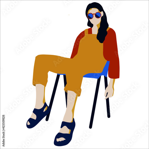 Fashionable  young woman . Abstract woman in casual clothing and sunglasses. No face. Red, blue and yellow colours, isolated images, white background. Vector illustration concept.