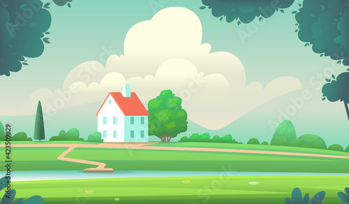 Cozy country house on the river bank against the backdrop of mountainous terrain. Picturesque landscape