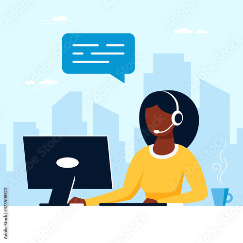 Woman with headphones and microphone with laptop
