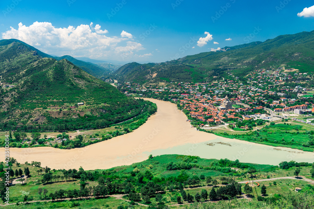view from the Jvari monastery at the confluence of the Kura and Aragvi rivers, Georgia