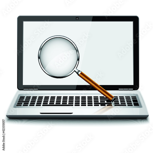 Search. Laptop and loupe in white background. Isolated