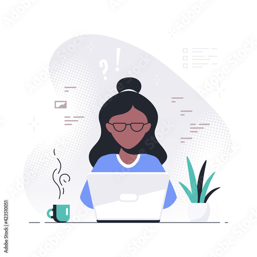 Young black woman working on laptop, flat design vector
