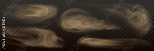 Vector Dust, dusty sand clouds effect collection, set of flying desert dusty particles, isolated on transparent background. Realistic sandstorm, explosion, sand splash.
