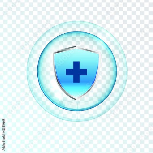Medical health protection shield cross. Protected steel guard shield concept. Safety badge steel icon. Privacy metal banner shield. Security safeguard metal label. Presentation chrome sticker shape.