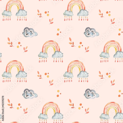 Watercolor illustration. Pattern background in boho style, rainbow and geometric elements