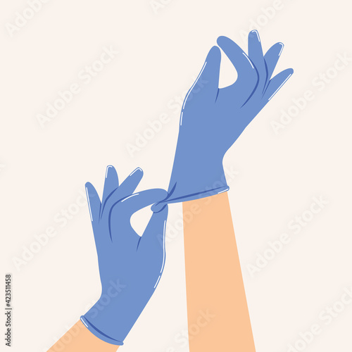 Hands wearing medical blue gloves, Hands putting on protective blue gloves concept.