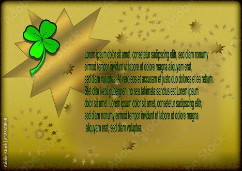 Gold yellow with stars and a green four leaf clover. Lorem ipsum text added to it.