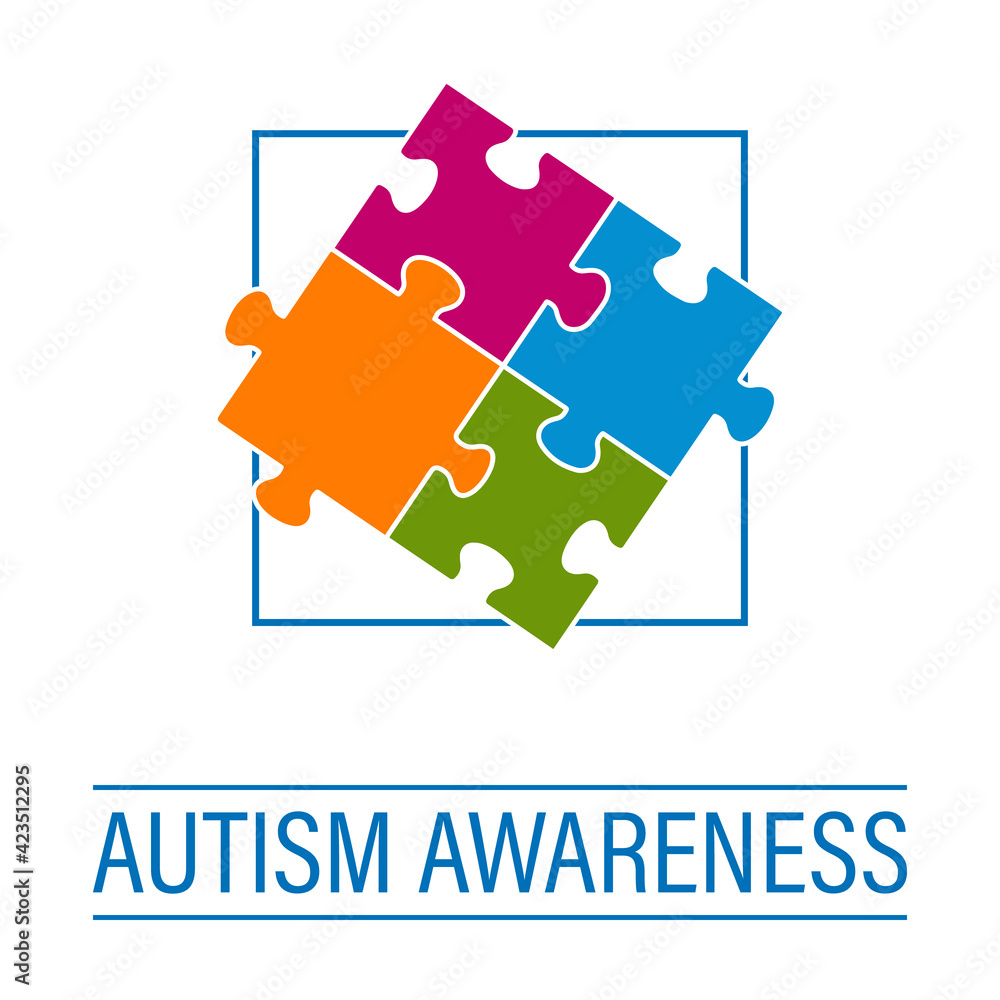 Autism awareness with framed puzzle pieces. Colored puzzle pieces and blue text isolated on a white background. Vector illustration Autism awareness with framed puzzle pieces. Colored puzzle pieces and blue text isolated on a white background. Vector illustration
