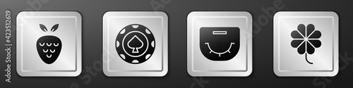 Set Casino slot machine with strawberry, Casino chips, Poker table and Casino slot machine with clover icon. Silver square button. Vector