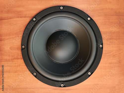 Wallpaper Mural black music speaker built into light brown wood Torontodigital.ca