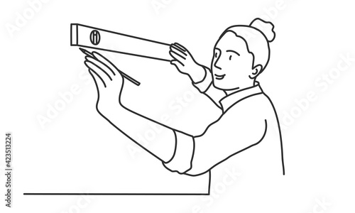 Young woman makes repairs. Hand drawn vector illustration.