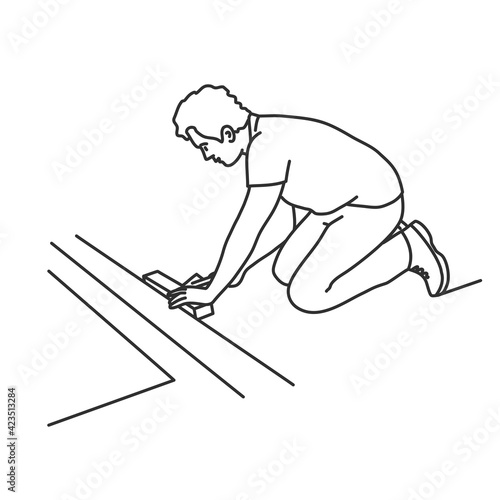 Young man laying parquet, floorboard, laminate. Hand drawn vector illustration.