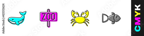 Set Whale, Zoo park, Crab and Fish icon. Vector