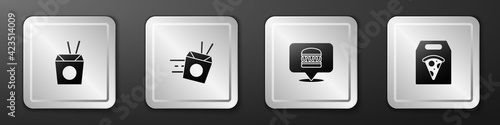 Set Asian noodles and chopsticks, Online ordering delivery, burger and pizza icon. Silver square button. Vector