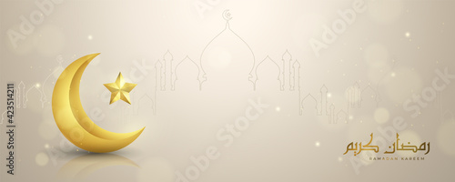 Beautiful Ramadan Kareem in Arabic calligraphy. Golden crescent moon, star, and glitter particles. Illustration of realistic 3D Islamic greeting card on the floor. Mosque line art.