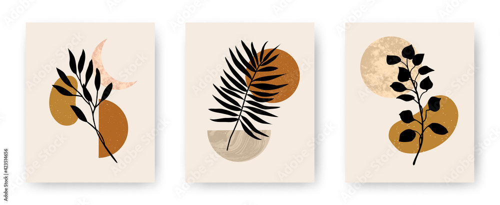 Vector set of modern aesthetic posters with abstract geometric stone textured shapes and plants. Contemporary boho art backgrounds in mid century style for print, home and wall decor, invitations Vector set of modern aesthetic posters with abstract geometric stone textured shapes and plants. Contemporary boho art backgrounds in mid century style for print, home and wall decor, invitations