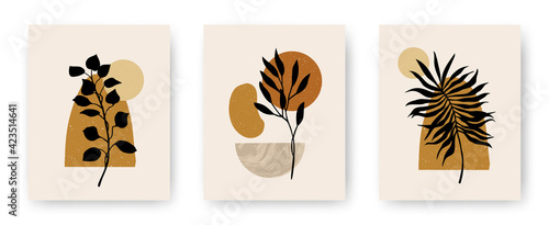Vector set of modern aesthetic posters with abstract geometric stone textured shapes and plants. Contemporary boho art backgrounds in mid century style for print, home and wall decor, invitations
