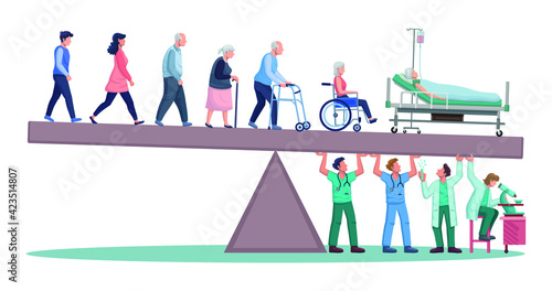 Doctors and scientists hold lifting  burden of sick elderly patient with chronic disease vector illustration.