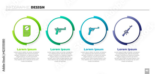 Set Firearms license certificate, Desert eagle gun, Mauser and M16A1 rifle. Business infographic template. Vector