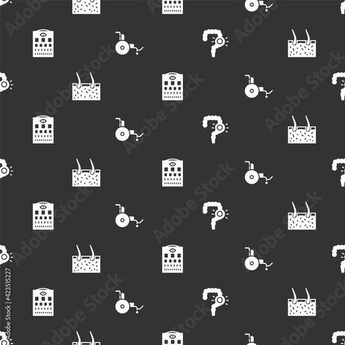 Set Gut constipation, Hair covering skin, Eye test chart and Wheelchair on seamless pattern. Vector