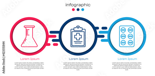 Set line Test tube and flask, Medical clipboard with clinical record and Pills in blister pack. Business infographic template. Vector