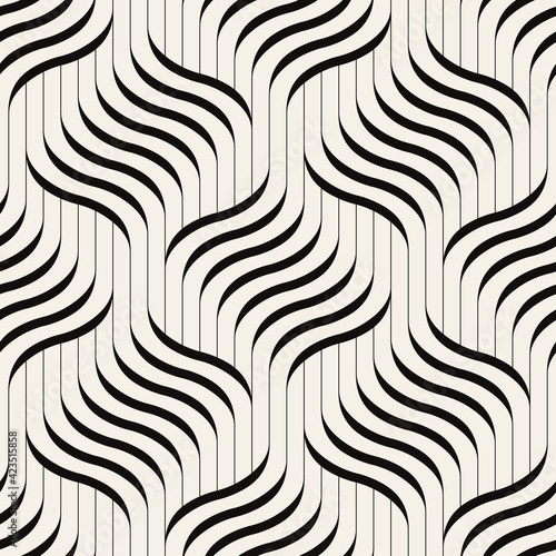 Seamless pattern with geometric waves. Endless stylish texture. Ripple monochrome background. Linear weaved grid. Bold interlaced swatch.