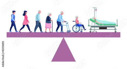 Young couple elderly senior couple aging sick and dead life cycle on balance scale concept flat vector illustration.