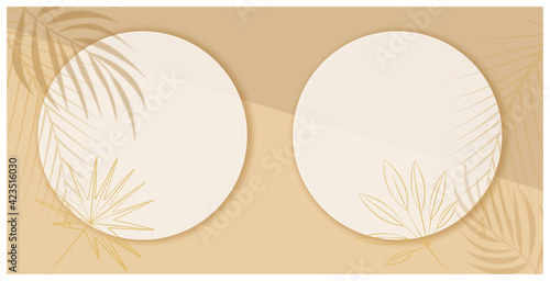 Shadow Overlay Plant Vector Mockup white round paper. Shadows overlay effects Of leaves on yellow background. Vector illustration. 植物のシルエットとデコレーションの白紙背景 、夏のテンプレート