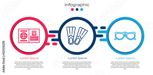 Set line Passport, Rubber flippers and Glasses. Business infographic template. Vector