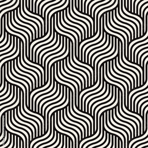 Seamless pattern with geometric waves. Endless stylish texture. Ripple monochrome background. Linear weaved grid. Bold interlaced swatch.
