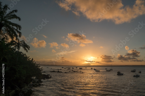 Beach sunset with boats and palm tree