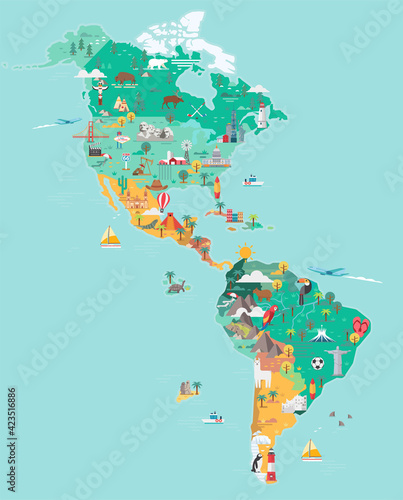 Map of America. Tourist and travel landmarks