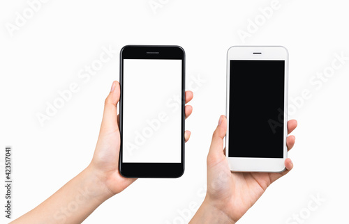 Hand holding smartphone mockup of blank screen, isolated on white background. Take your screen to put on advertising.