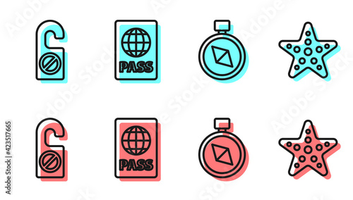 Set line Compass, Please do not disturb, Passport and Starfish icon. Vector