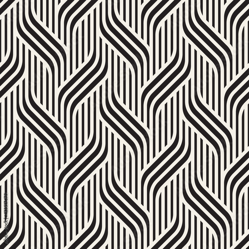 Seamless pattern with geometric waves. Endless stylish texture. Ripple monochrome background. Linear weaved grid. Bold interlaced swatch.