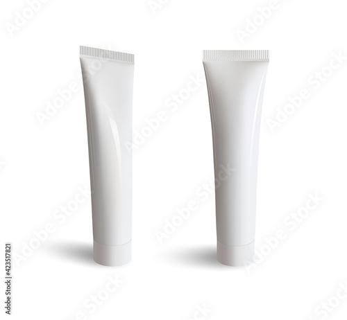 Vector cosmetic packaging isolated on white background. Realistic white glossy plastic tube mock up for cream, gel, essence, toothpaste and more