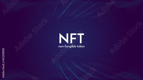 Nft non fungible token white text on futuristic neon purple background, cryptocurrency banner. Stock vector illustration.