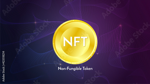 Golden coin with nft non fungible token text on futuristic neon purple background, cryptocurrency banner. Stock vector illustration.