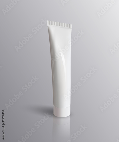 Realistic glossy blank plastic tube mockup in vector on grey background. Cosmetic packaging for skin care products such as moisturizer, cream, gel and more