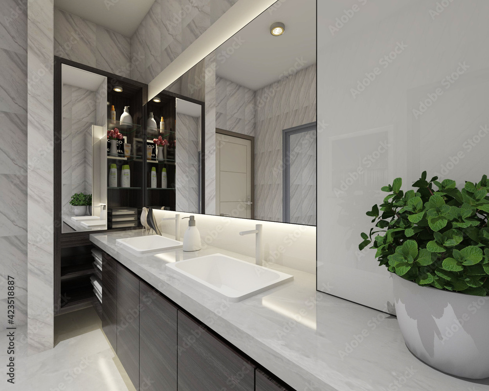Fototapeta premium modern bathroom interior with washbasin cabinet and wall mirrors panel
