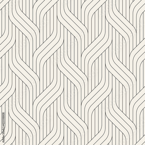 Seamless pattern with geometric waves. Endless stylish texture. Ripple bold monochrome background. Linear weaved grid. Thin interlaced swatch.