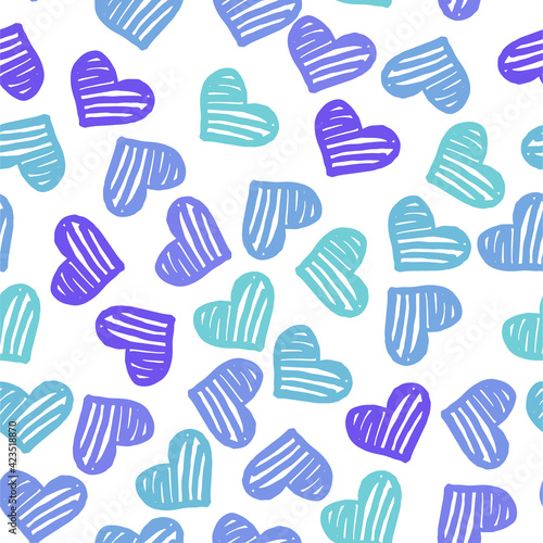 Seamless pattern with hearts in shades of blue and violet on white background. Vector design for textile, backgrounds, clothes, wrapping paper and wallpaper. Fashion illustration seamless print.