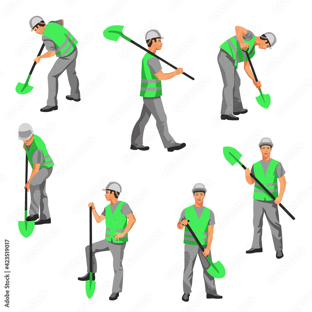 A set of vector figures of an asian worker with a shovel standing, walking, digging A set of vector figures of an asian worker with a shovel standing, walking, digging