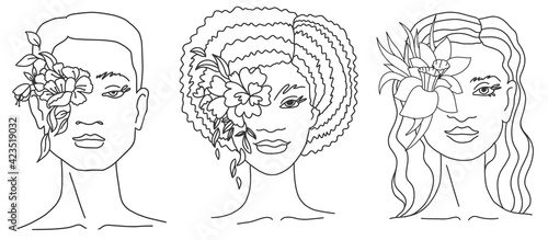 Three women of different nationalities and cultures together line art. Vector doodle illustration