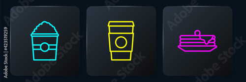 Set line Popcorn in box, Stack of pancakes and Coffee cup to go. Black square button. Vector