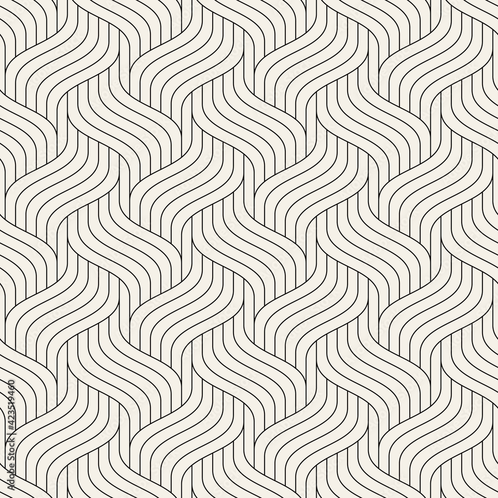 Seamless pattern with geometric waves. Endless stylish texture. Ripple monochrome background. Linear weaved grid. Thin interlaced swatch.