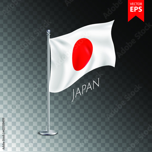 Vector 3d realistic flags of Japan on steel poles isolated on transparent background. Eps 10 vector illustration.