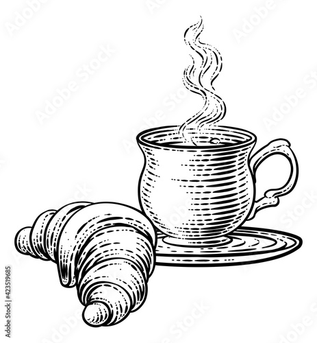 Croissant And Coffee Tea Cup Mug Woodcut