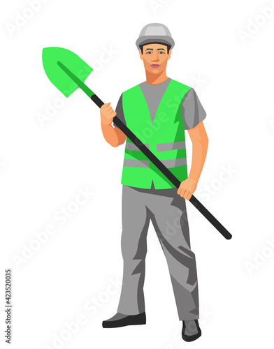 Figure of a Chinese worker standing with a shovel in his hands